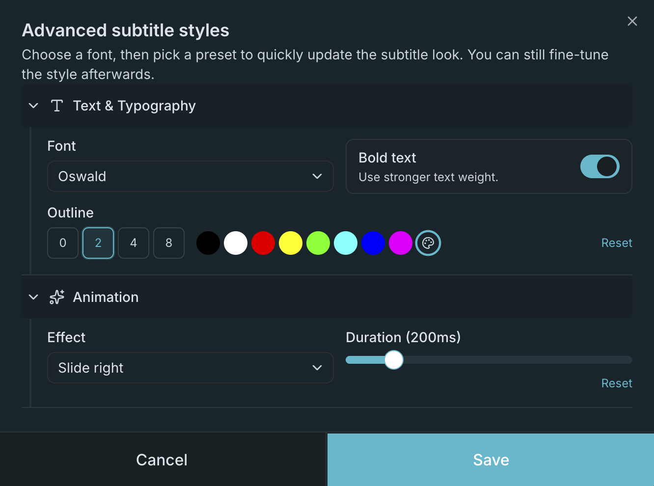 Advanced subtitle styles dialog showing font, outline, and animation controls